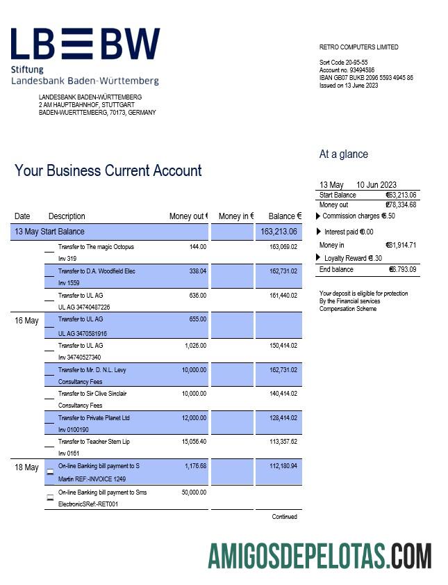 Baixável Landesbank Baden Württemberg Extrato de conta empresarial modelo Word e PDF